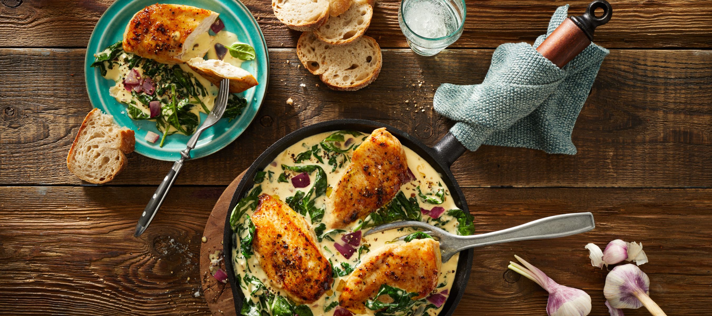 Cremige Spinatpfanne mit Hähnchen Rezept einfach zubereitet - Kerrygold