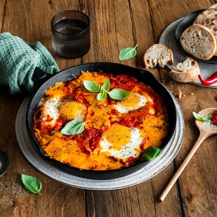 Eine Pfanne Shakshuka mit Eiern in Tomatensoße, garniert mit Basilikum und einer Prise Chili, steht auf einem Teller. Brotscheiben, ein Glas Wasser, ein Holzlöffel mit Chilischeiben und eine Schale Pfeffer stehen auf einem rustikalen Holztisch.