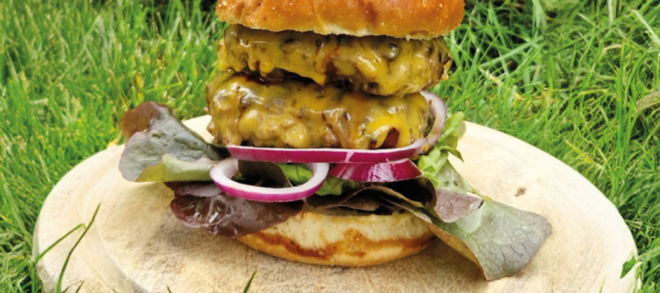 Ein Webo Doppel-Cheeseburger mit Salat und roten Zwiebeln liegt auf einem Holzbrett im Gras, umgeben von grünen Pflanzen. Ein Holzspieß hält diesen Traumburger zusammen.