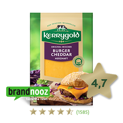 Abgebildet ist eine Packung Kerrygold Original Irish Burger Cheddar, darunter ein Burger mit Cheddar-Scheiben. Ein goldener Stern zeigt die Bewertung 4,7 an und unterstreicht das Qualitätsversprechen. In der unteren linken Ecke befindet sich das brandnooz-Logo.