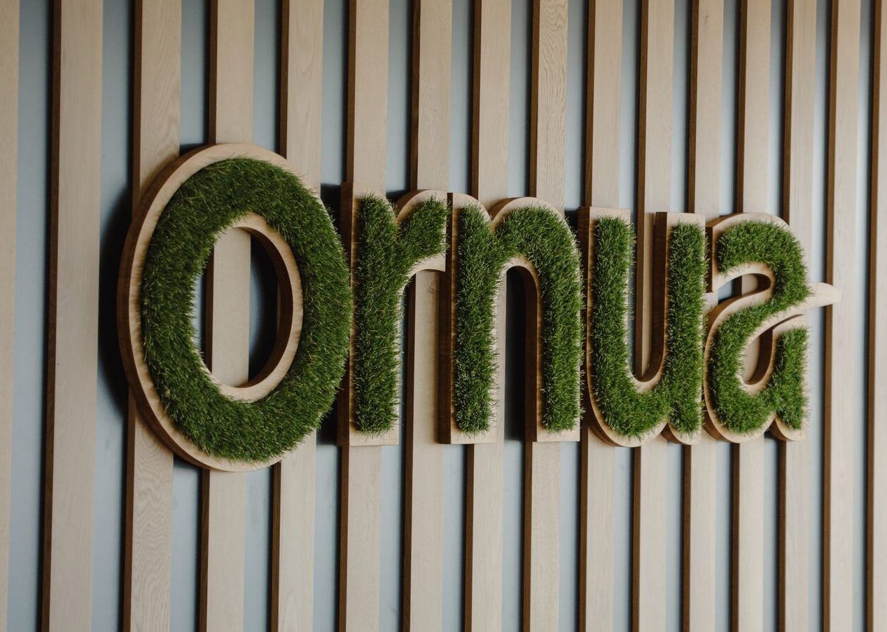 Das Wort Ornua ist an einer Wand angebracht, wobei die einzelnen Buchstaben aus grünem Kunstgras bestehen und mit hellem Holz umrandet sind, das an vertikalen Holzlatten befestigt ist.