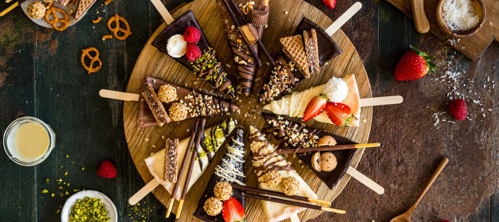 Ein runder Holzteller mit verschiedenen Dessertstücken, kreisförmig angeordnet. Jede Scheibe ist individuell dekoriert, unter anderem mit Erdbeeren, Himbeeren, Nüssen, Schokostäbchen und Waffeln. Rund um den Teller liegen weitere Zutaten und Utensilien: Erdbeeren, Himbeeren, Brezeln, gehackte Nüsse in Schälchen, ein Löffel mit Körnern oder Samen sowie ein kleines Gefäß mit Sahne oder Sauce.