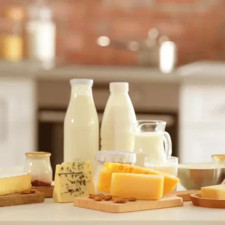 Verschiedene Milchprodukte, darunter laktosereiche Milch in Flaschen, Käse, Butter und Joghurt, sind zusammen mit Eiern und Nüssen auf einer weißen Küchentheke angeordnet. Im Hintergrund ist eine unscharfe Küche mit einer Backsteinwand zu sehen.