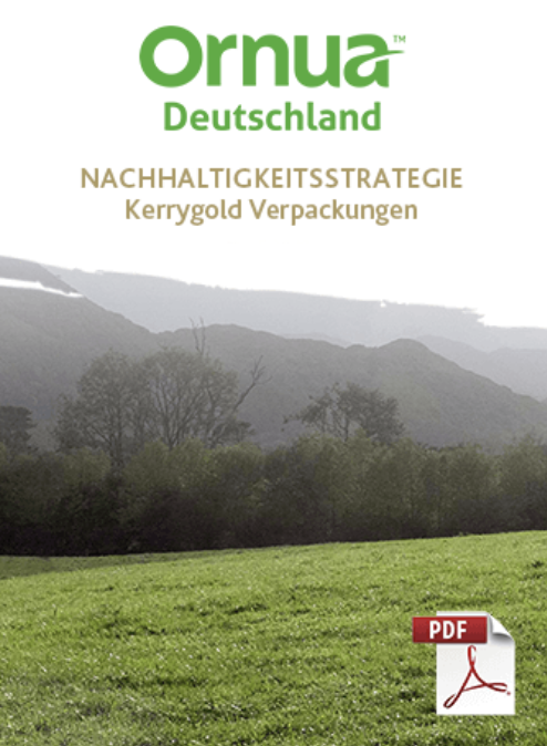 Titelbild mit dem Text Ornua Deutschland NACHHALTIGKEITSSTRATEGIE Kerrygold Verpackungen über einem grünen Feld und Hügeln, mit einem kleinen PDF-Symbol in der unteren rechten Ecke.