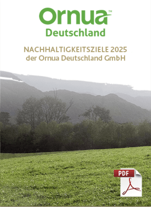 Titelbild für Nachhaltigkeitsziele 2025 der Ornua Deutschland GmbH, mit grüner Wiese, Bäumen, Hügeln im Hintergrund und dem Ornua Deutschland-Logo im oberen Bereich. PDF-Symbol in der unteren rechten Ecke.