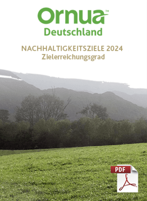 Ornua Deutschland Nachhaltigkeitsziele 2024 Cover mit grünem Feld, Bäumen, Hügeln und PDF-Symbol in der Ecke.