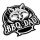 Schwarz-weißes Logo mit einem Wolfskopf über dem Text "BBQ DAD" und einer Grillspachtelgrafik darunter.