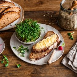 Auf einem rustikalen Holztisch liegen mehrere Scheiben knuspriges Brot, frische Radieschen, eine mit Butter bestrichene Brotscheibe, eine kleine Schale mit grünen Sprossen, ein Glas mit Körnern sowie eine gefaltete beigefarbene Stoffserviette.