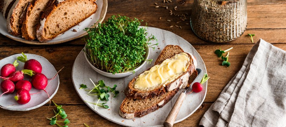 Auf einem rustikalen Holztisch liegen mehrere Scheiben knuspriges Brot, frische Radieschen, eine mit Butter bestrichene Brotscheibe, eine kleine Schale mit grünen Sprossen, ein Glas mit Körnern sowie eine gefaltete beigefarbene Stoffserviette.