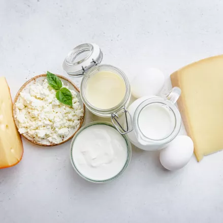 Verschiedene Milchprodukte auf einer hellen Oberfläche: eine Milchflasche, ein Stück Schweizer Käse mit Löchern, zwei Schalen mit Hüttenkäse (eine davon mit Basilikum), zwei Gläser mit Milch und Sahne, ein offenes Glas mit flüssigem Inhalt, zwei Eier, ein kleiner Milchkrug, ein Stück Hartkäse und ein Stück Butter.