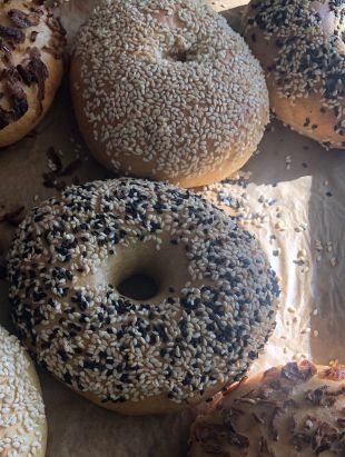 Nahaufnahme mehrerer Bagels auf Backpapier, bestreut mit verschiedenen Saaten wie Sesam.