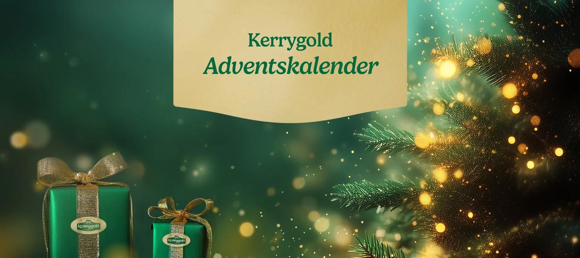 Header Grafik. Text in Kartusche: Kerrygold Adventskalender. Zwei Geschenke mit Kerrygold Logo links unten.