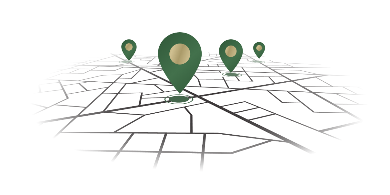 Stecknadeln zeigen auf grüne Kreise in einem Liniennetz.