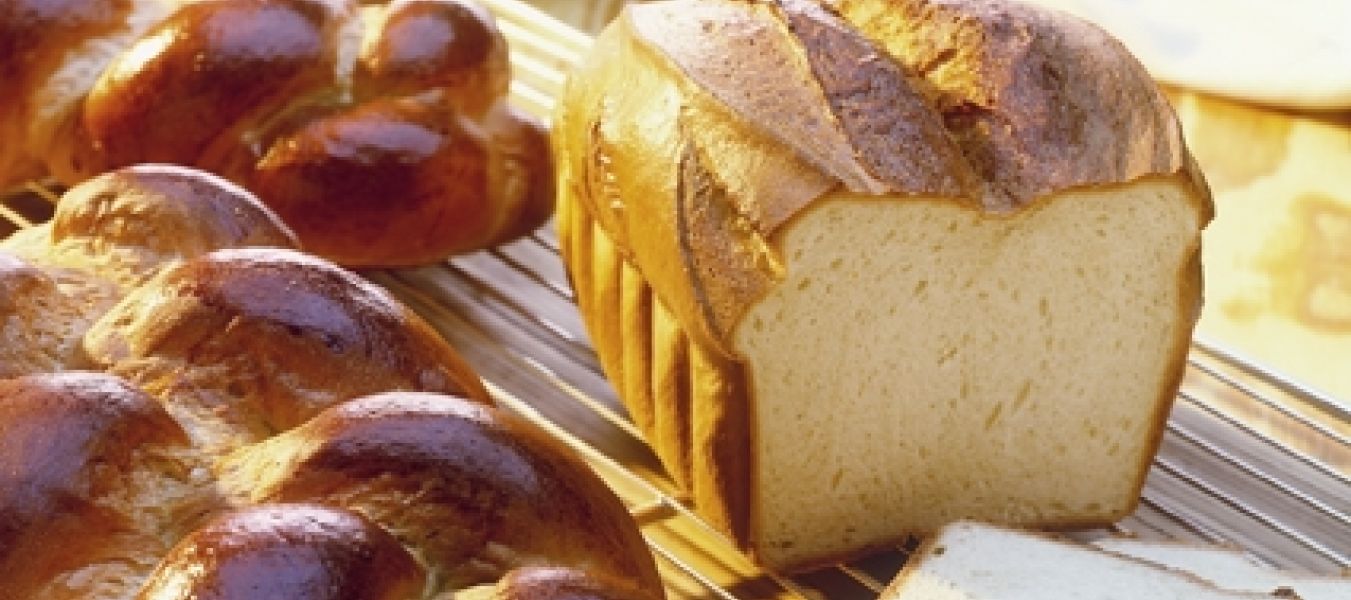 Ein Laib Butterhefezopf und ein Laib Weißbrot, mit einer angeschnittenen Scheibe davor, liegen auf einem Kuchengitter. Daneben liegt ein Backpinsel, im Hintergrund ein helles Tuch und eine Schüssel.